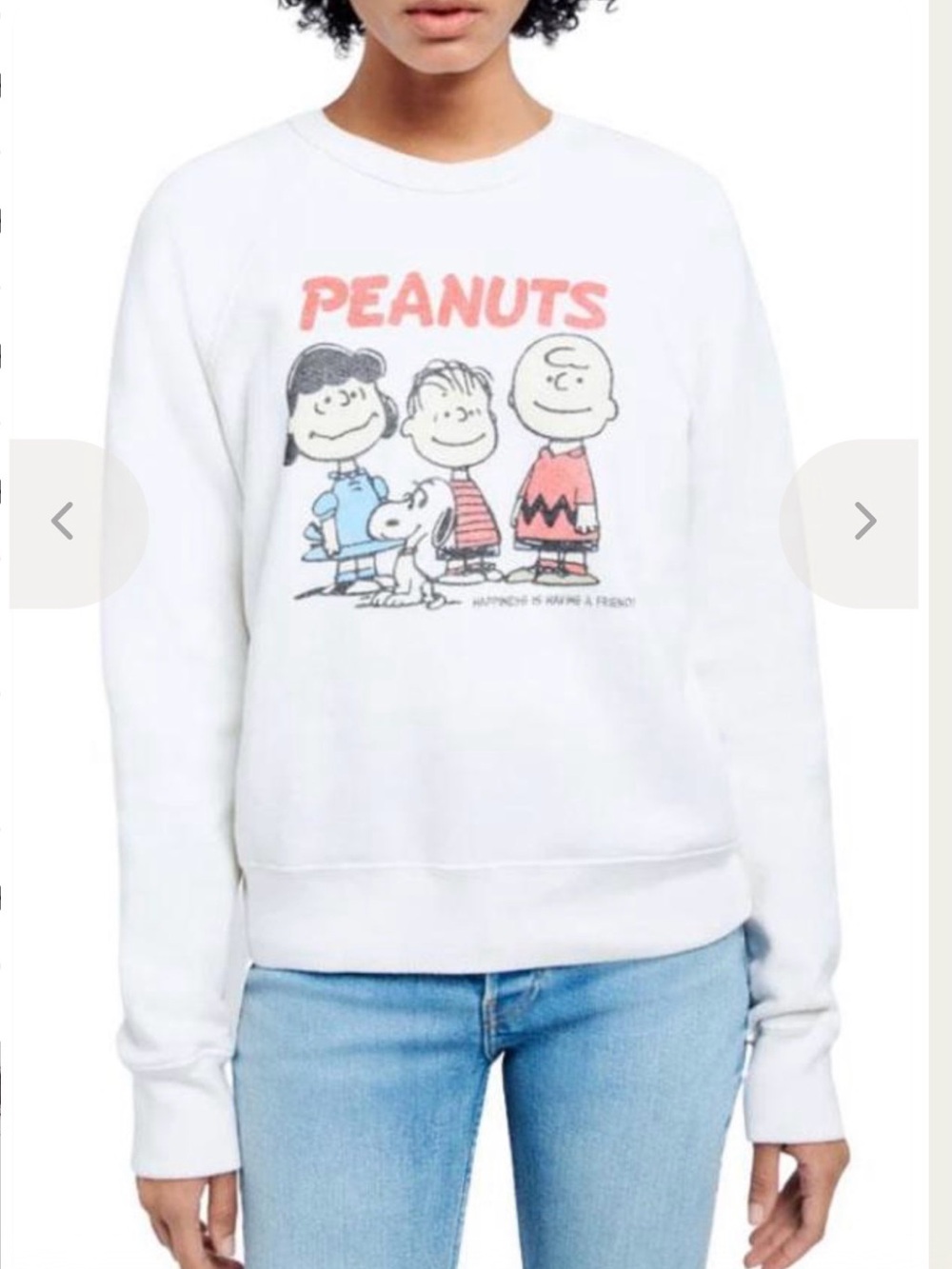 RE/DONE PEANUTS CLASSIC RAGLAN CREWNECK SWEATSHIRT - OFF WHITE — SIZE XS
